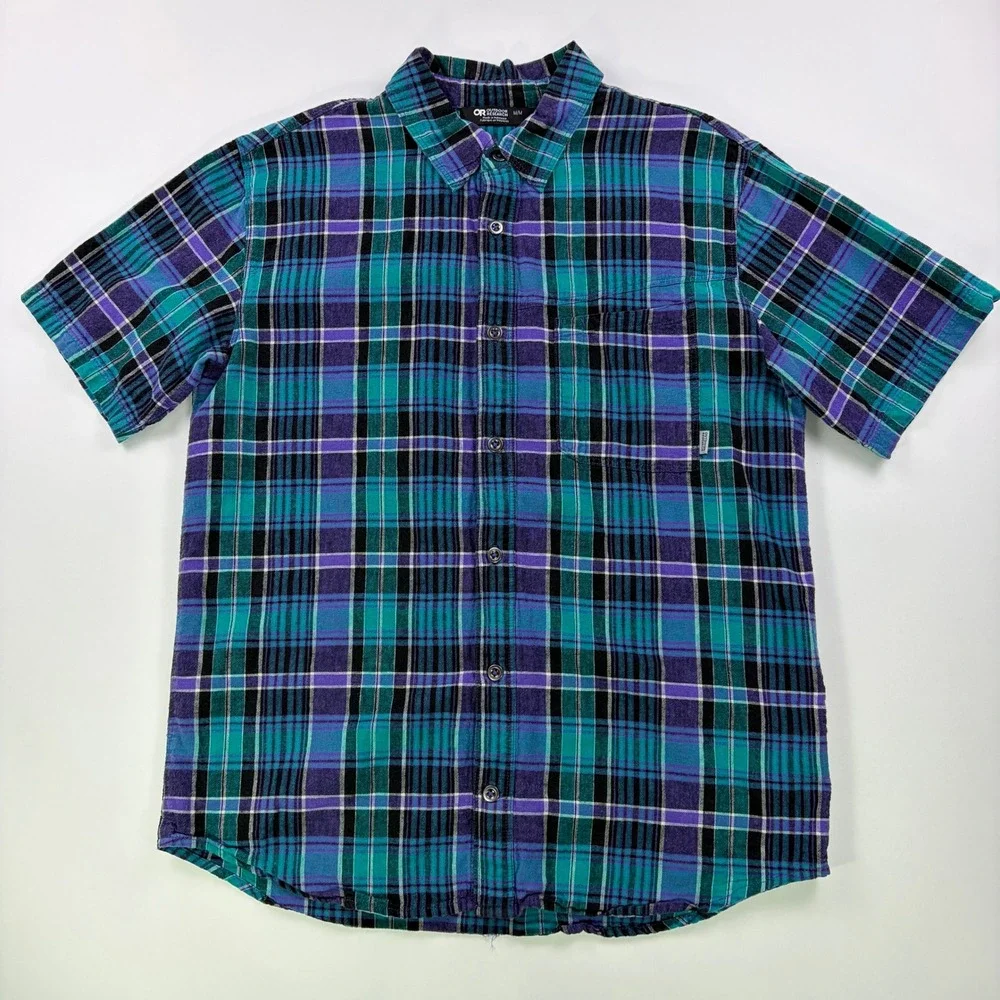 Outdoor Research Weisse Plaid Shirt Mens M Teal Purple Hemp Cotton S/S Button
